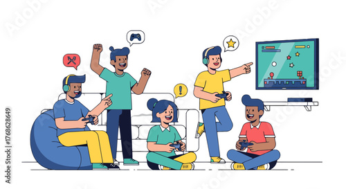 Friends Enjoying Video Games Together, Playing and Having Fun in a Play Room or House