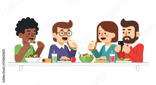 Friends Gathering Enjoying Food And Using Smartphone With Black Background