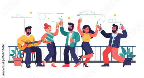 Friends Gather Celebrating With Drinks And Music On A Balcony, Enjoying Festivities