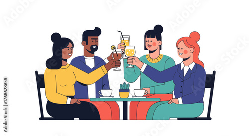 Friends Gathering Toasting Drinks and Enjoying Lively Conversation at Evening Dinner