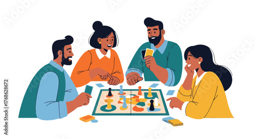 Friends Play Board Game Together Enjoying Time, Cards, and Strategic Board Game Fun