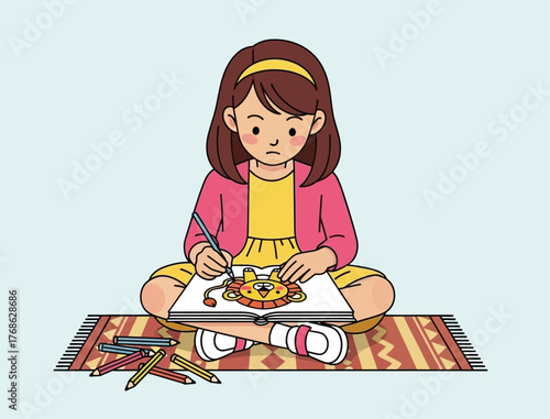 Creative young girl sitting on a colorful rug drawing in a sketchbook.