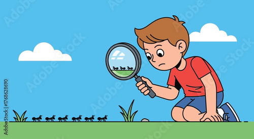 Curious young boy observing a line of ants with a magnifying glass.