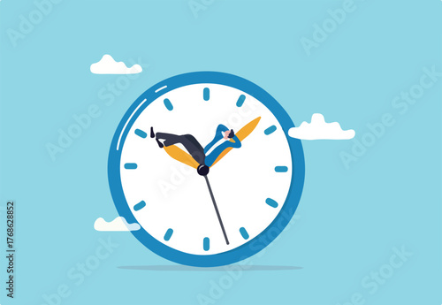 Wasted time, procrastination or slow life, lazy to work, low productivity or efficiency, self discipline problem, tired or no motivation concept, lazy businessman sleeping on the time running clock