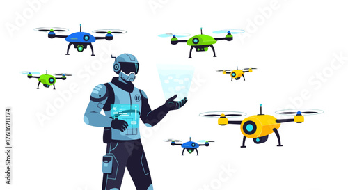Futuristic Drone Operator in Digital Space with Numerous Flying Drones