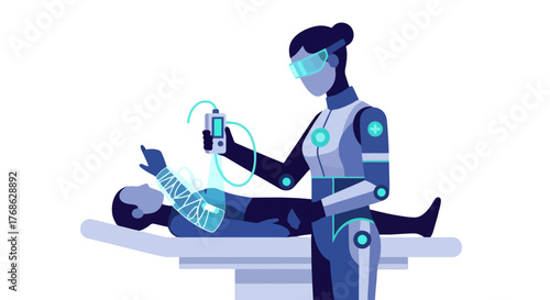 Futuristic Medical Innovation: A Robot Doctor Performing A Body Scan in a Sterile Environment