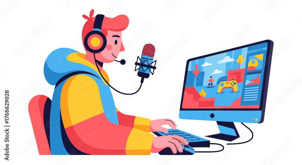 Obraz premium Gamer Live Streaming Illustrated, Playing Games and Showing Game Content Online