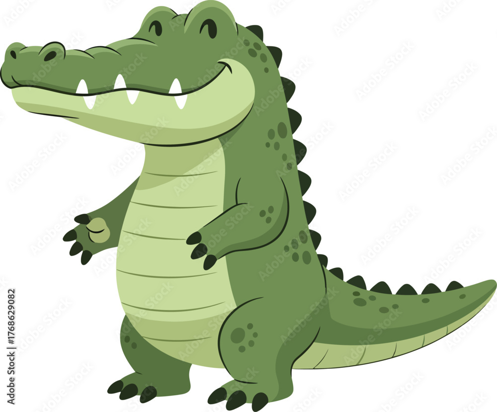 Naklejka premium Happy green cartoon alligator standing upright and smiling cheerfully.
