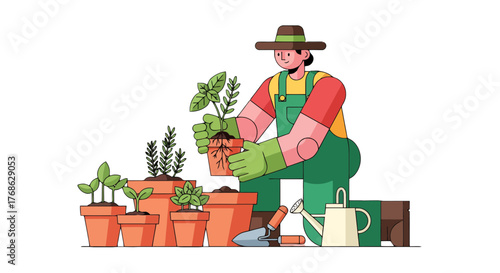 Gardener Caring Plant In Pots, A Vibrant And Colorful Vector Illustration