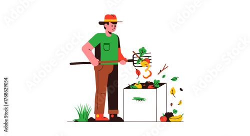 Gardener Composting Organic Waste In A Recycling Bin With Colorful Illustrations