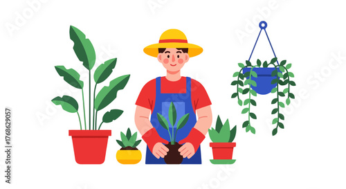 Gardener Caring For a Variety of Lush Green Plants in a Vibrant Horticultural Setting