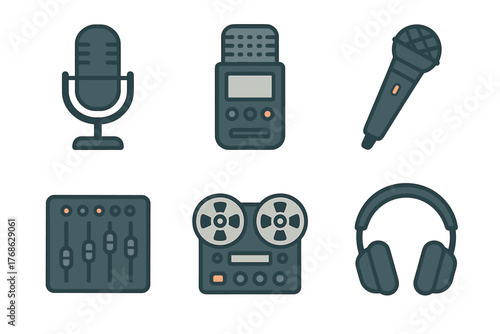Set of six audio equipment icons including microphones, headphones, a mixer, and a reel-to-reel recorder in a minimalist style.