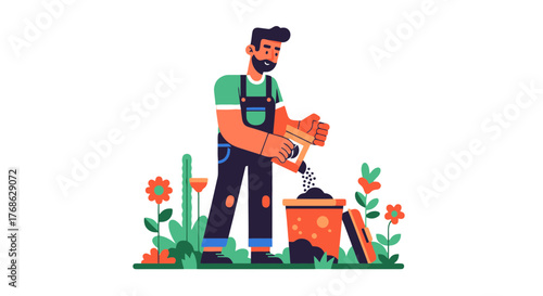 Gardener Cultivating Garden, Illustrating Planting, Cultivating Flowers in Pots in Nature