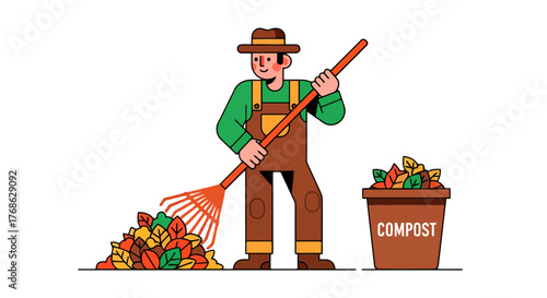 Gardener Raking Autumn Leaves Into Compost Bin, Creating Sustainable Practices For Garden