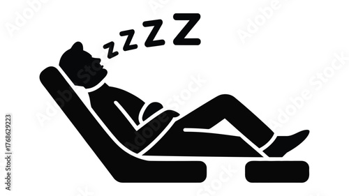 black and white silhouette of person sleeping on recliner with z symbols, representing rest, relaxation, nap, and sleep concept in vector style