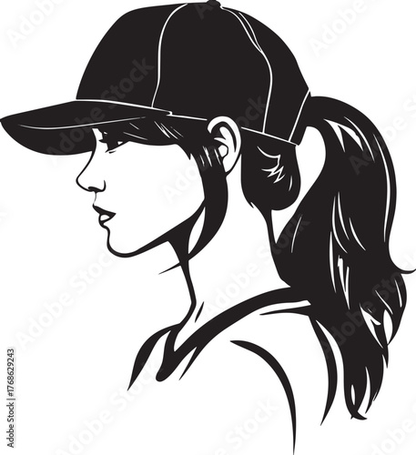 A captivating side view of a young woman with a ponytail, gracefully wearing a stylish baseball cap