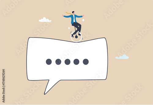 Communicate to success, talking or discussion, advice message dialogue, announcement speech bubble, business conversation or consultation concept, businessman acrobat on message speech bubble