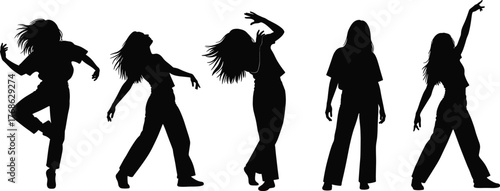 Female silhouette dance poses, black vector illustration, expressive movement set, casual fashion figure icons, dynamic body gestures, editable graphic design asset