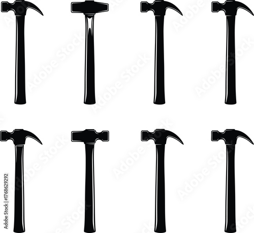 Hammer silhouette vector set, black tool icons, construction and carpentry equipment, isolated hardware shapes, editable illustration for repair, industrial design use