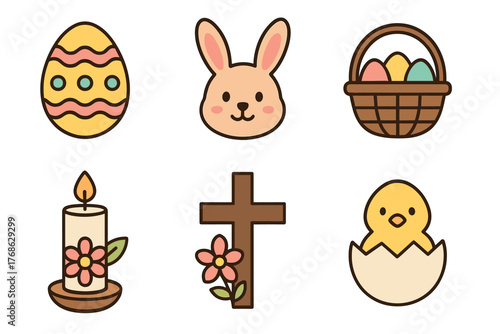 Set of colorful easter icons featuring an easter egg, bunny head, basket of eggs, candle with flowers, wooden cross with flower, and chick in a broken eggshell.