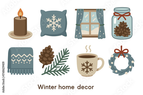 Cozy winter home decor items including a candle, snowflake pillow, window with curtains, jar of pine cones, patterned blanket, pine branches, steaming mug, and wreath.