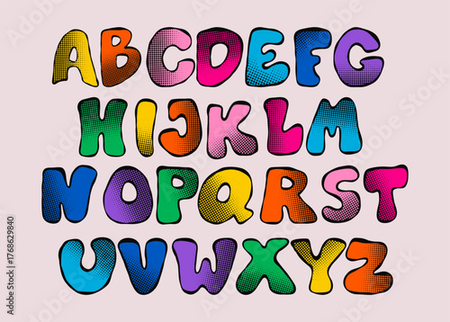 Colorful Alphabet with halftone texture set. Isolated bubble comic letters in bright rainbow colors. Hand-Drawn for comics, posters, kids designs, back-to-school. Vector illustration. Not AI