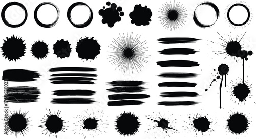 Ink brush stroke set, splatter effect, grunge texture, circular smear, drip splash, black vector illustration, abstract design elements, graphic pack
