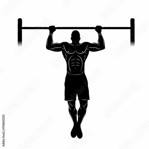 The silhouette of a powerful male athlete pulling himself up on a horizontal bar, demonstrating well-developed muscles and strength. Minimalistic black and white vector art, ideal for fitness branding