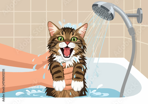 Funny cartoon cat being bathed under a shower head, screaming in protest with wide eyes and open mouth. Perfect for pet grooming services, humorous animal memes, or veterinary clinic promotions needin