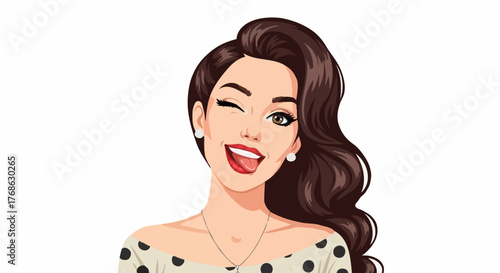 Stylized vector portrait of a glamorous woman winking playfully. She wears pearl earrings and a polka-dot top, exuding charm and confidence. Ideal for beauty campaigns, fashion branding.