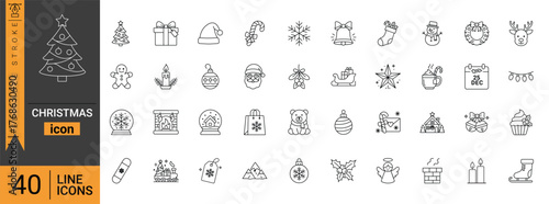 Minimal Christmas line icon set with 40 festive holiday symbols including tree, gifts, snowflake, Santa, star, and decoration elements.