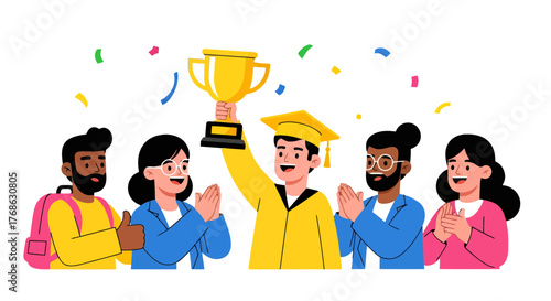 Graduation Celebration: Student Triumphantly Holds Trophy Amongst Congratulatory Peers