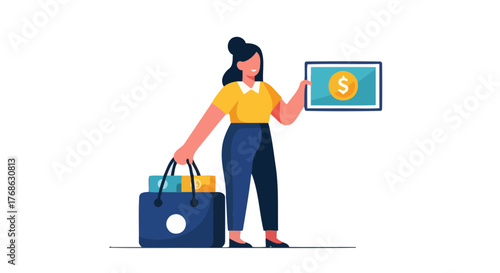 Illustration Of A Businesswoman Showing Financial Earnings And Carrying Shopping Bags