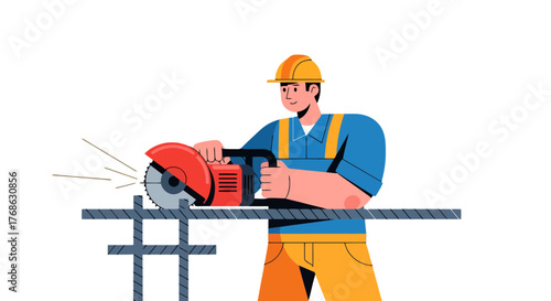 Illustration Of A Construction Worker Using A Power Saw Cutting Metal With Sparks Flying
