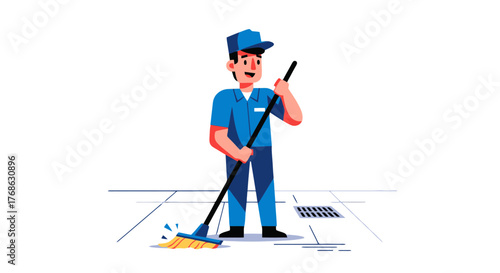 Illustration Of A Happy Worker Sweeping The Floor In Blue Uniform With A Broom.