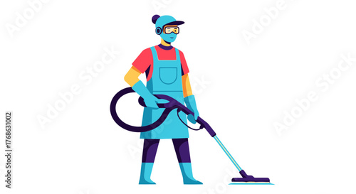 Illustration Of A Person Cleaning With A Vacuum Cleaner In A Protective Suit.