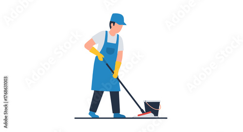 Illustration Of A Person Cleaning With Mop And Bucket On Black Background
