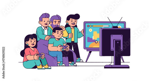 Group Of Friends Enjoying Video Games Together, Playing and Having Fun in House