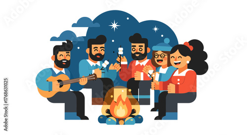 Group Of Friends Enjoying Themselves With Fire And Music In A Recreational Setting