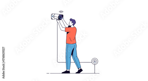 Illustration Of A Person Installing High Definition Surveillance Security Cameras System