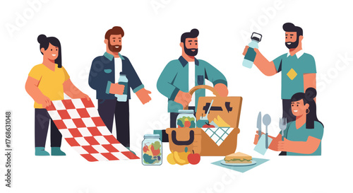 Group Of Friends Organizing Outdoor Picnic With Food And Drinks For Fun And Leisure
