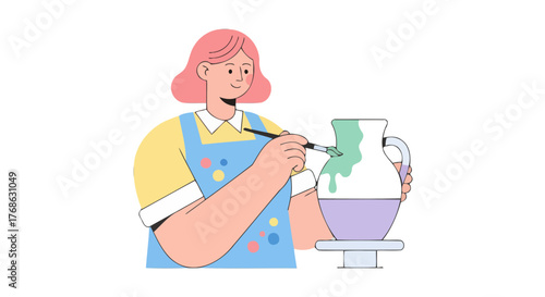 Illustration Of A Person Painting A Vase On A Stand, Crafts And Hobby Concept