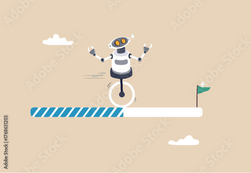 AI artificial intelligence implementation progress, adoption or evolution to improve AI innovation, learning or change to optimize success concept, smart AI robot run on progress bar to reach target. 