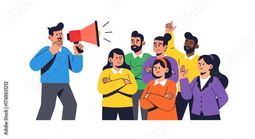 Group Of People Listen To Speaker With Megaphone, Demonstrating Together With Enthusiasm