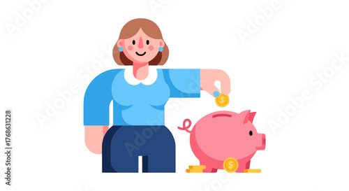 Illustration Of A Woman Putting Money Into A Piggy Bank For Savings and Investment