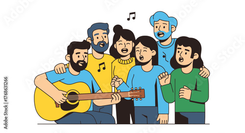 Group Of People Singing And Playing Guitar, Happiness And Togetherness
