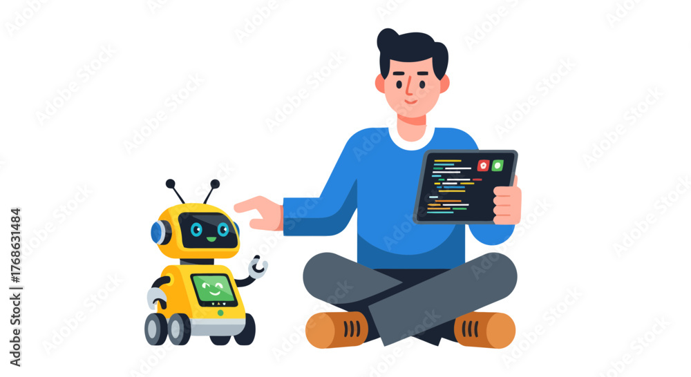 Fototapeta premium Illustration Of Man And Robot Interacting With Coding Tablet Representing Tech Collaboration