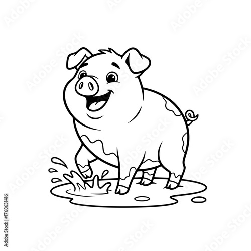 Cute pig splashing in puddle, simple cheerful coloring page for toddlers Generative AI