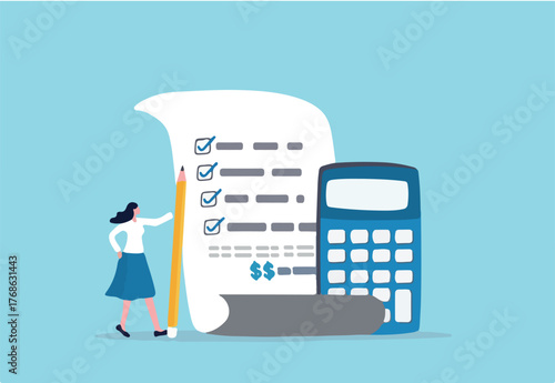 Project cost estimation, calculate budget or resources to finish work, financial plan, invoice or tax, expense or loan concept, businesswoman with calculator estimate cost from project document