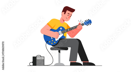 Guitarist Performing With Electric Instrument Against a Smooth Black Backdrop